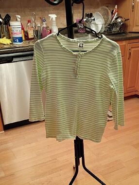 Anne Klein Green and White Striped Henley Long Sleeve Tee